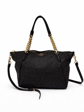 Coach Black Signature Debossed Leather Tote Chain Strap Crossbody Bag